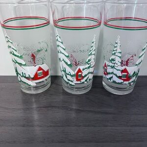 Snowy Scene Trees Cabin KIG of Indonesia Holiday Glasses Set of 3 Christmas
